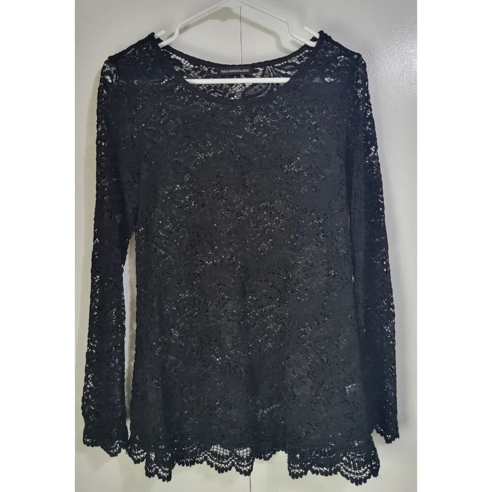 VTG Women's LG Whimsigoth Full Lace Long Sleeve Top Blouse See through y2k black - Picture 1 of 10